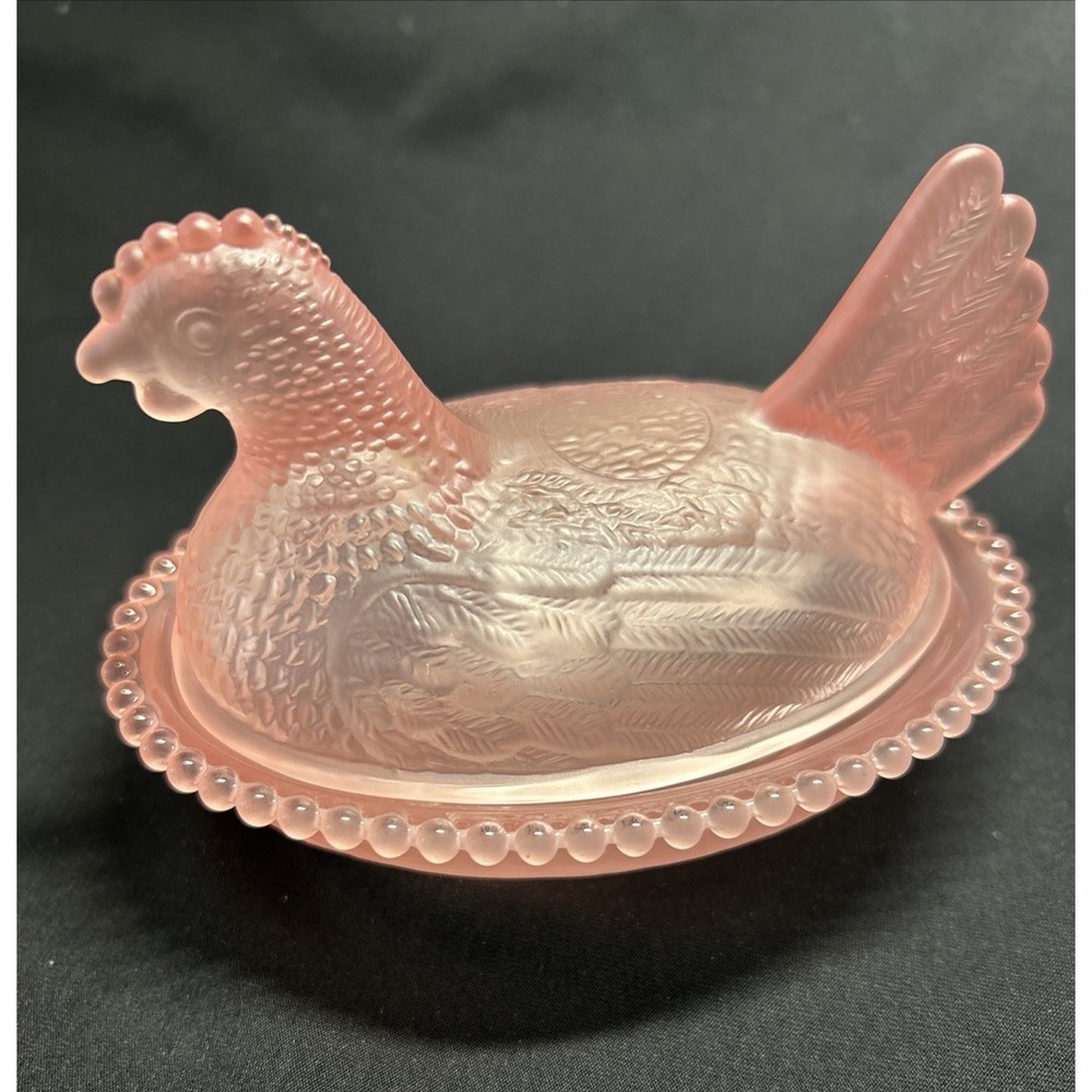 Satin Pink Hen On Nest By Rose's Closet, W/ Box & Sticker, Real Glass Hen CG25